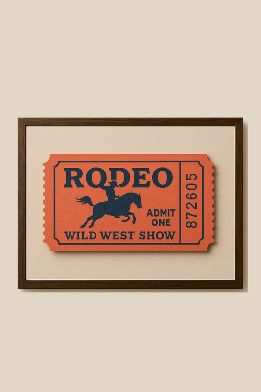 Western art print titled Admit One – rustic wall decor by Frontier Prints, inspired by cowboy culture and desert landscapes.