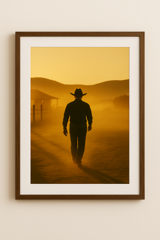 Western art print titled Back at Sundown – rustic wall decor by Frontier Prints, inspired by cowboy culture and desert landscapes.
