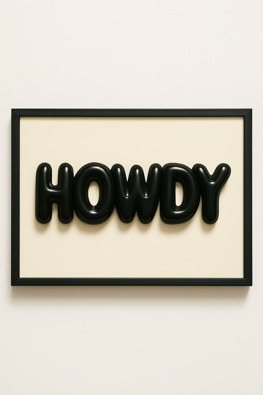 Western art print titled Bold HOWDY – rustic wall decor by Frontier Prints, inspired by cowboy culture and desert landscapes.