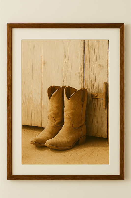 Framed photograph of brown cowboy boots against a wooden background
