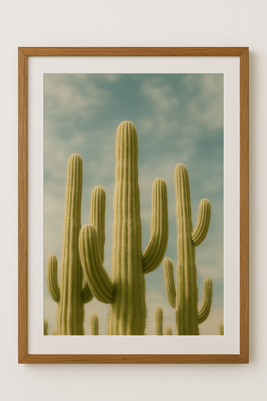 Western art print titled Cactus Choir – rustic wall decor by Frontier Prints, inspired by cowboy culture and desert landscapes.