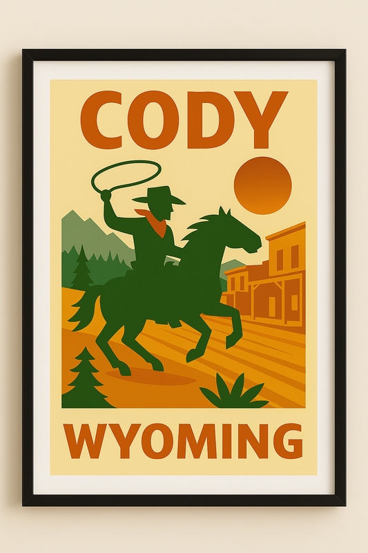 Western art print titled Cody – rustic wall decor by Frontier Prints, inspired by cowboy culture and desert landscapes.