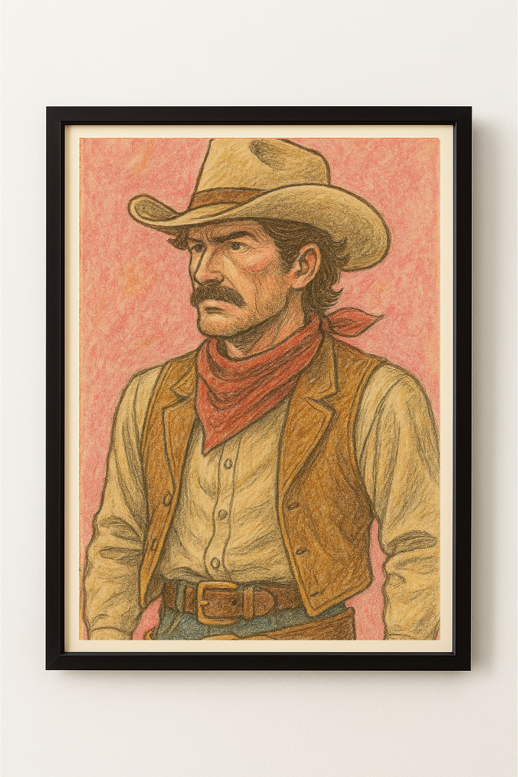 Western art print titled Colored Cowboy – rustic wall decor by Frontier Prints, inspired by cowboy culture and desert landscapes.