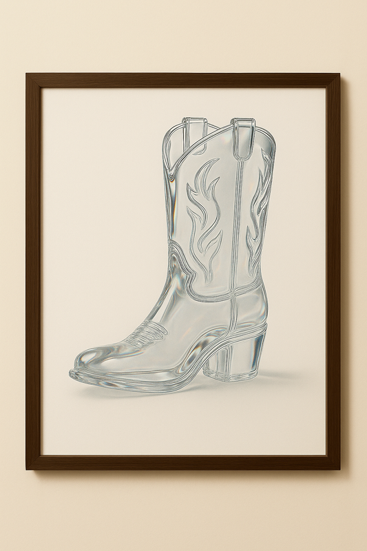 Framed artwork of a clear glass cowboy boot on a beige background