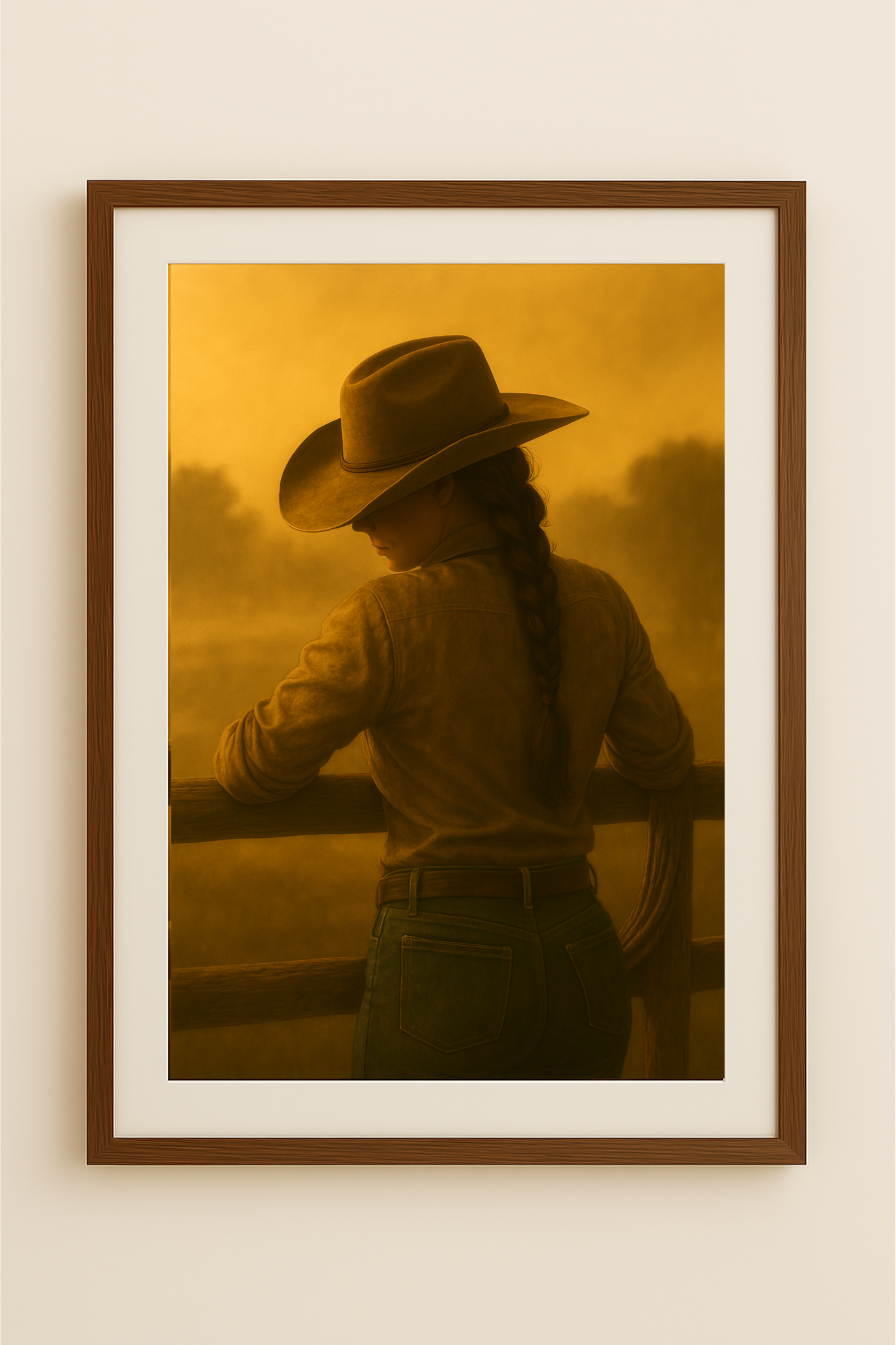 Western art print titled Cowgirl's Pause – rustic wall decor by Frontier Prints, inspired by cowboy culture and desert landscapes.
