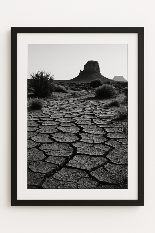 Western art print titled Cracked Earth – rustic wall decor by Frontier Prints, inspired by cowboy culture and desert landscapes.