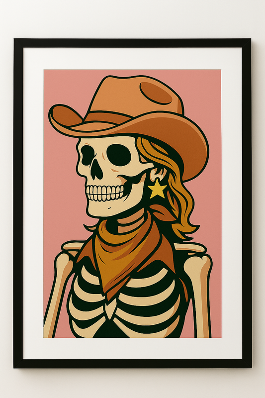 Framed artwork of a skeleton wearing a cowboy hat and bandana on a pink background
