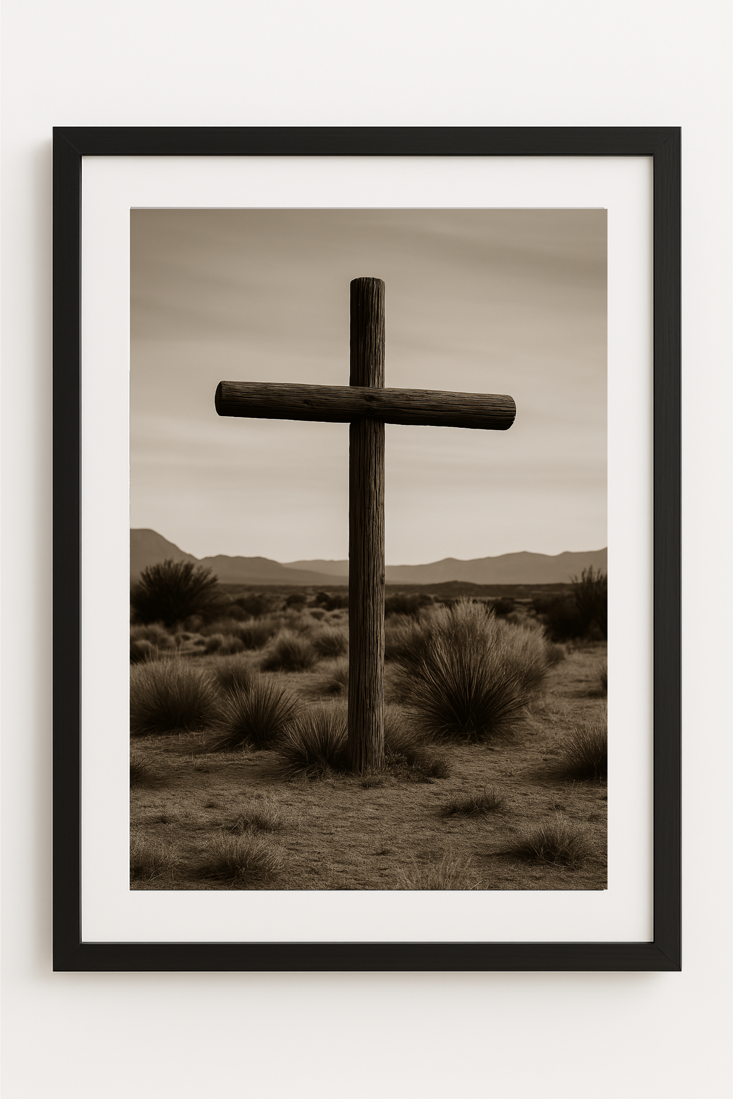 Western art print titled Desert Cross – rustic wall decor by Frontier Prints, inspired by cowboy culture and desert landscapes.