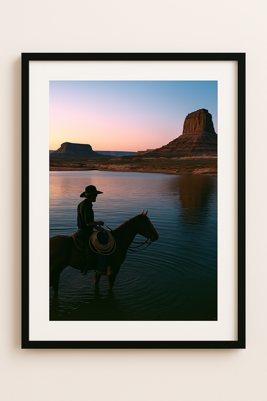 Western art print titled Desert Dusk Rider – rustic wall decor by Frontier Prints, inspired by cowboy culture and desert landscapes.
