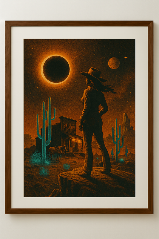 Framed artwork of a cowboy in a desert scene with a solar eclipse.