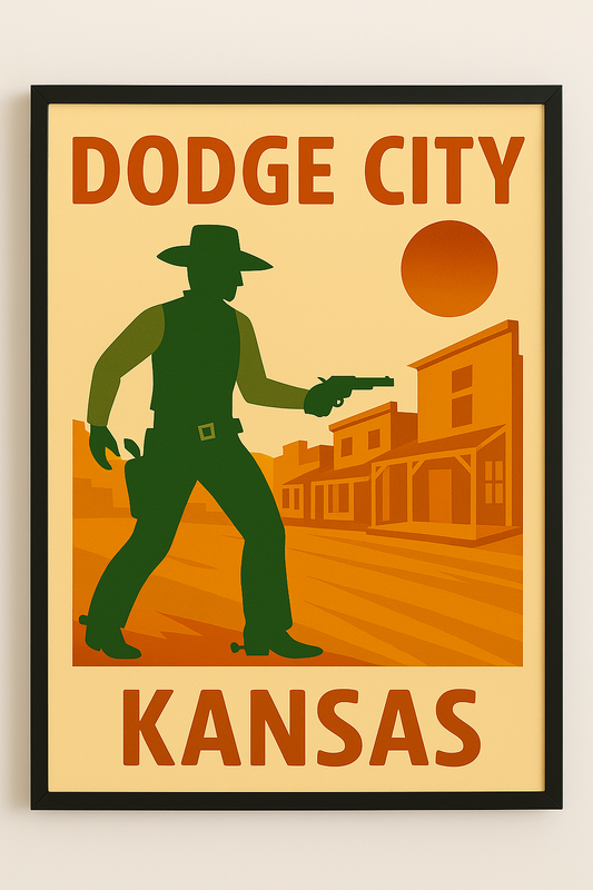 Western art print titled Dodge City – rustic wall decor by Frontier Prints, inspired by cowboy culture and desert landscapes.