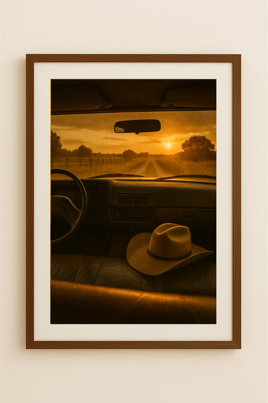 Western art print titled Drive Home – rustic wall decor by Frontier Prints, inspired by cowboy culture and desert landscapes.