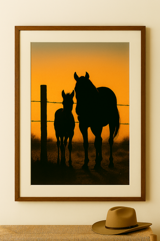 Framed artwork of two horses silhouetted against a sunset sky, with a cowboy hat on a shelf below.
