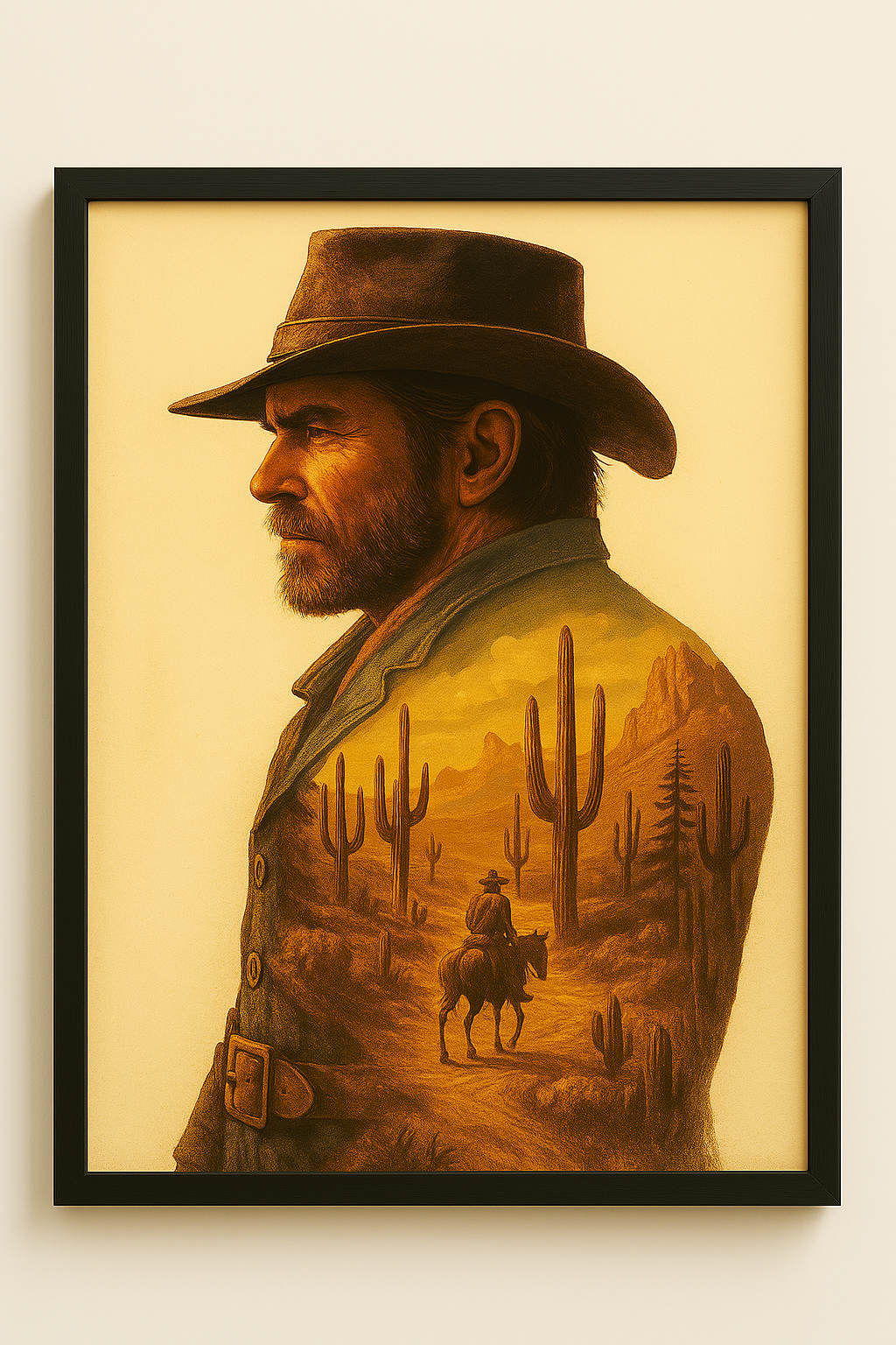 Western art print titled Lone Rider – rustic wall decor by Frontier Prints, inspired by cowboy culture and desert landscapes.