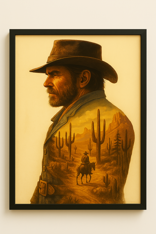 Western art print titled Lone Rider – rustic wall decor by Frontier Prints, inspired by cowboy culture and desert landscapes.