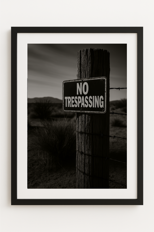 Western art print titled Keep Out – rustic wall decor by Frontier Prints, inspired by cowboy culture and desert landscapes.