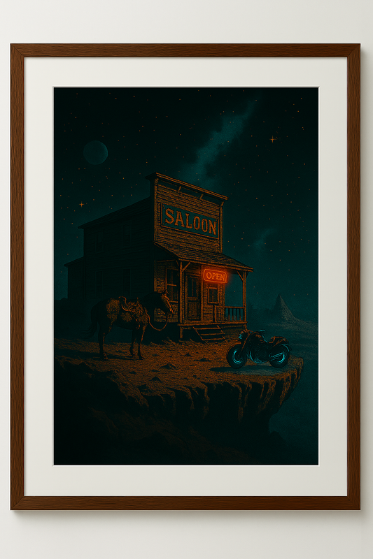 Framed artwork of a saloon at night with a horse and motorcycle, under a starry sky.