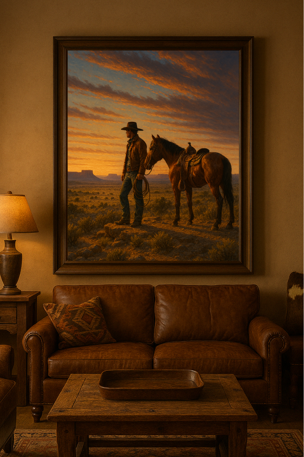 A framed print titled 'Long Way Home' depicting a cowboy standing next to his horse on a plain, with a sunset in the background, placed on a wall above a leather sofa and a wooden table.