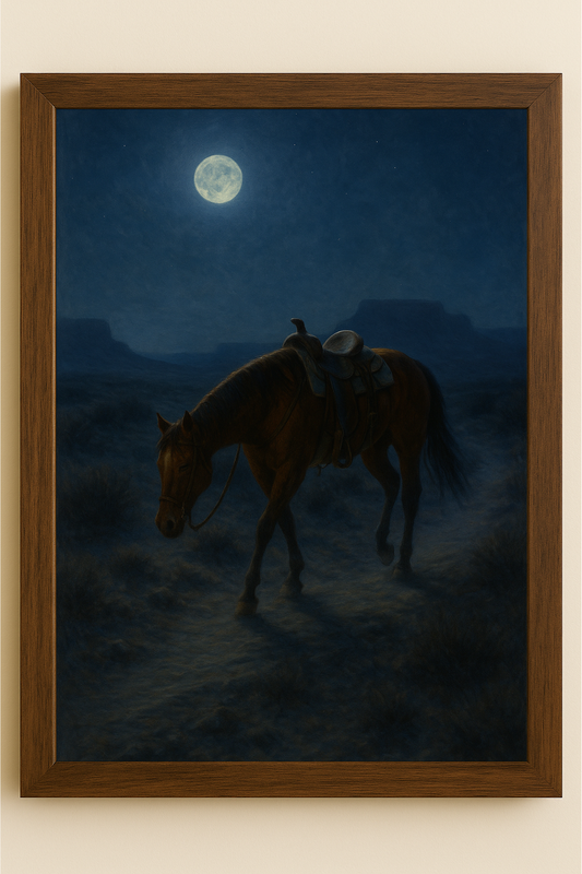 Framed artwork of a horse and rider under a moonlit sky, with a wooden frame.