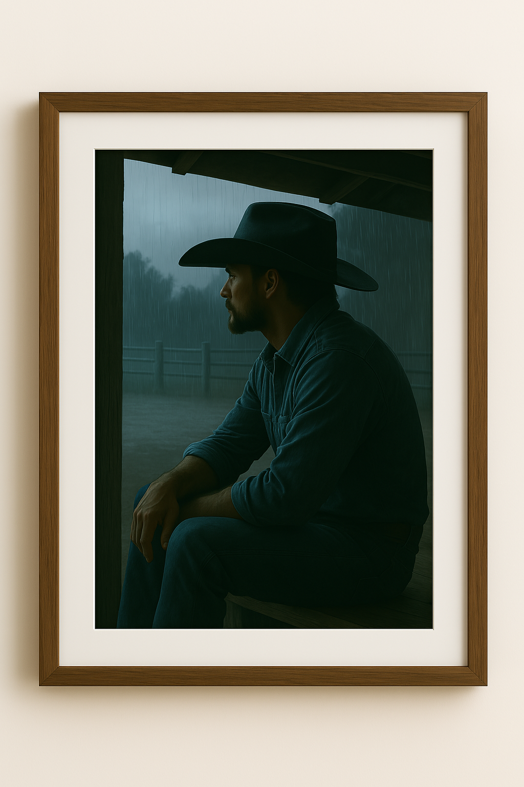 Western art print titled Rain Check – rustic wall decor by Frontier Prints, inspired by cowboy culture and desert landscapes.