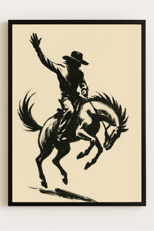 Western art print titled Ride of the West – rustic wall decor by Frontier Prints, inspired by cowboy culture and desert landscapes.