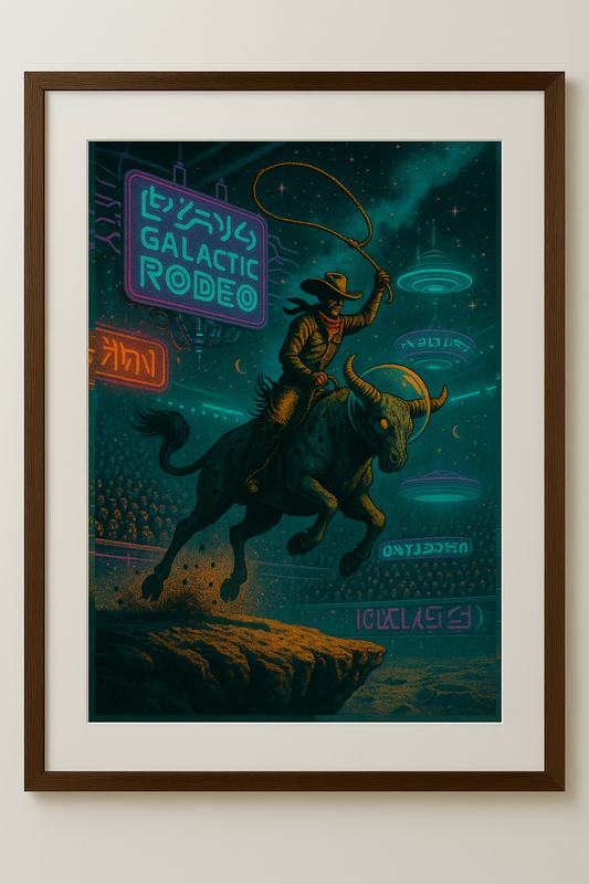 Framed artwork of a cowboy on a horse with neon signs and space-themed elements.