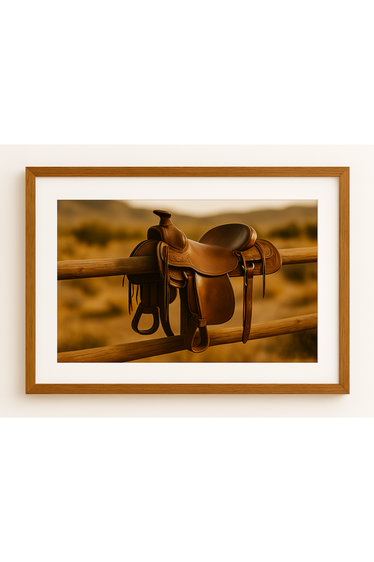 Western art print titled Saddle Ready – rustic wall decor by Frontier Prints, inspired by cowboy culture and desert landscapes.