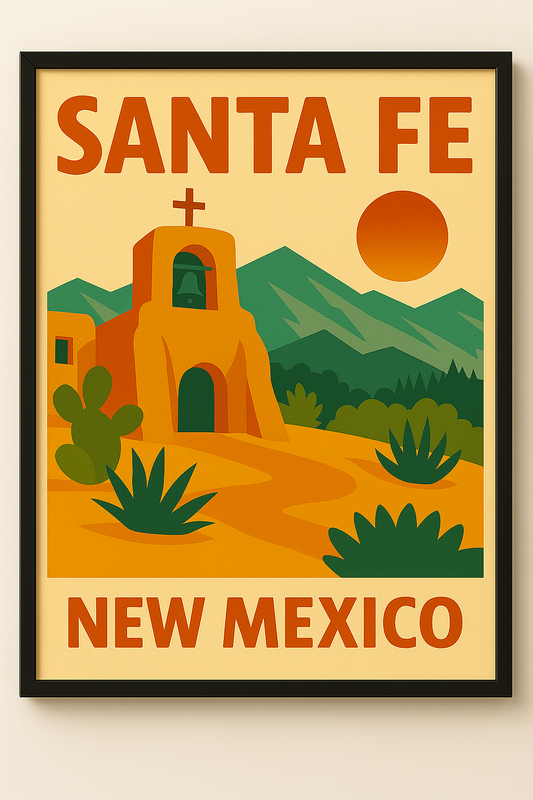 Western art print titled Santa Fe – rustic wall decor by Frontier Prints, inspired by cowboy culture and desert landscapes.