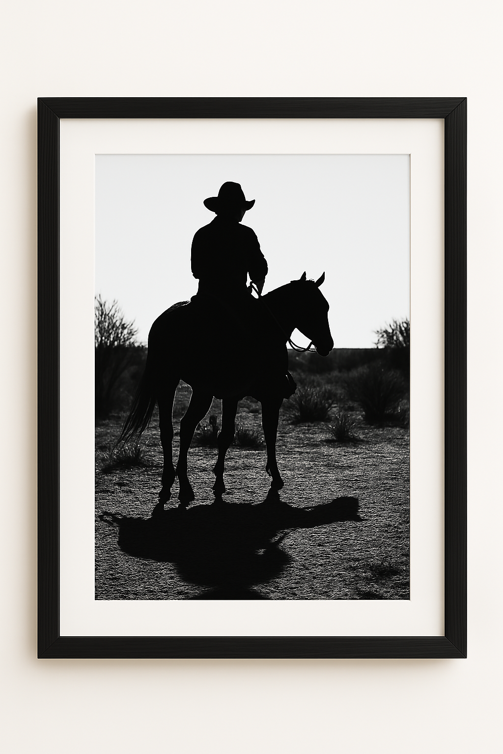 Western art print titled Shadow of a Rider – rustic wall decor by Frontier Prints, inspired by cowboy culture and desert landscapes.