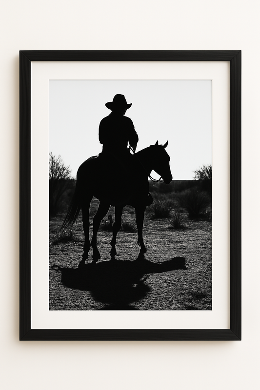 Western art print titled Shadow of a Rider – rustic wall decor by Frontier Prints, inspired by cowboy culture and desert landscapes.