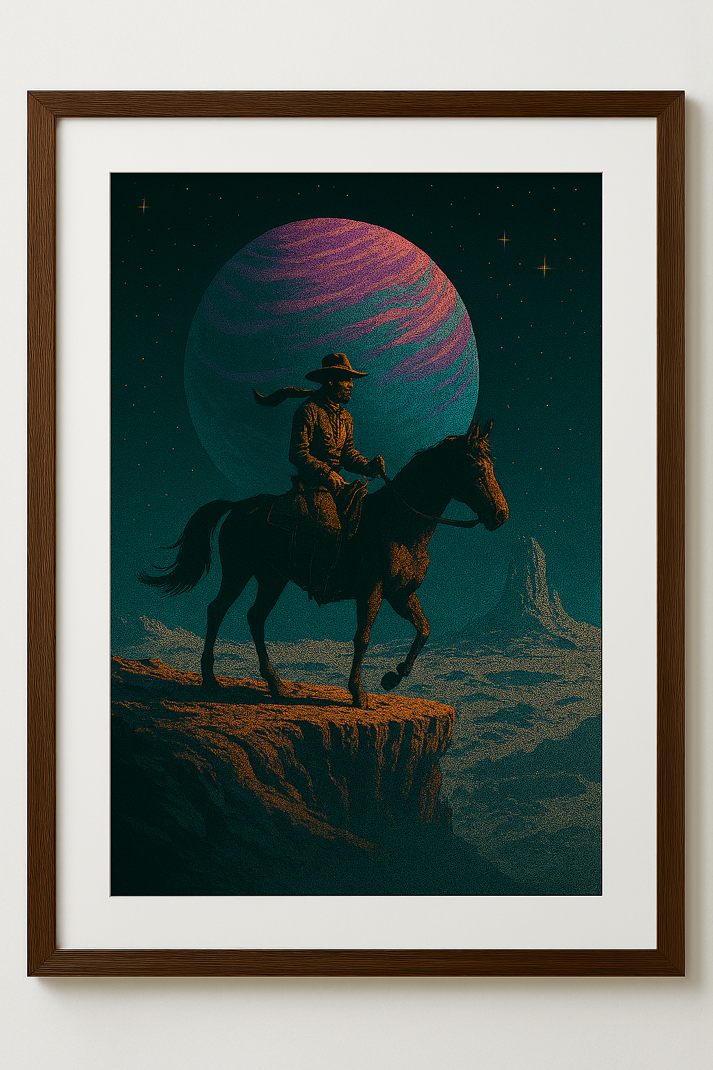 Framed artwork of a cowboy on horseback under a purple planet and starry sky.