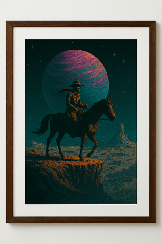 Framed artwork of a cowboy on horseback under a purple planet and starry sky.