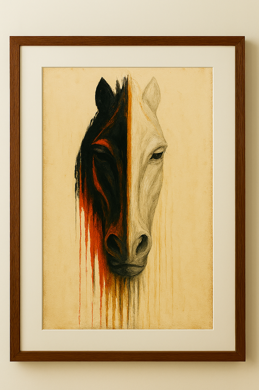 Framed artwork of a horse's head with black and white colors on a beige background