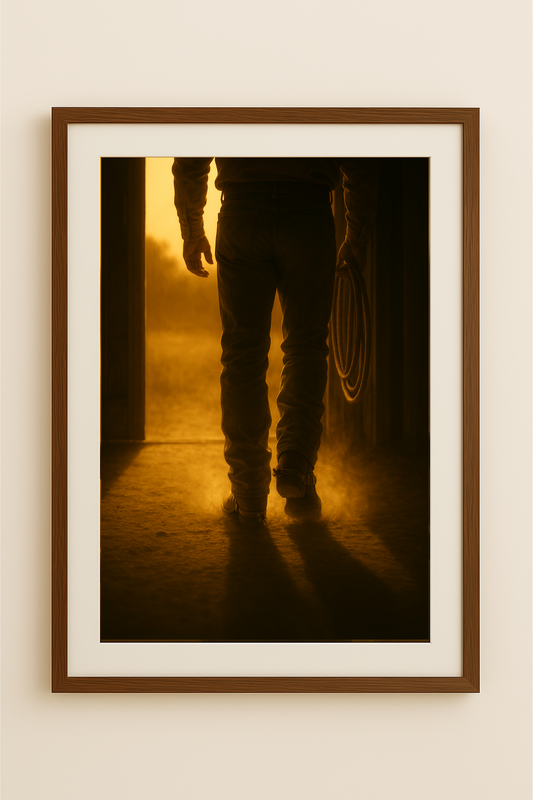 Western art print titled Spurs & Dust – rustic wall decor by Frontier Prints, inspired by cowboy culture and desert landscapes.