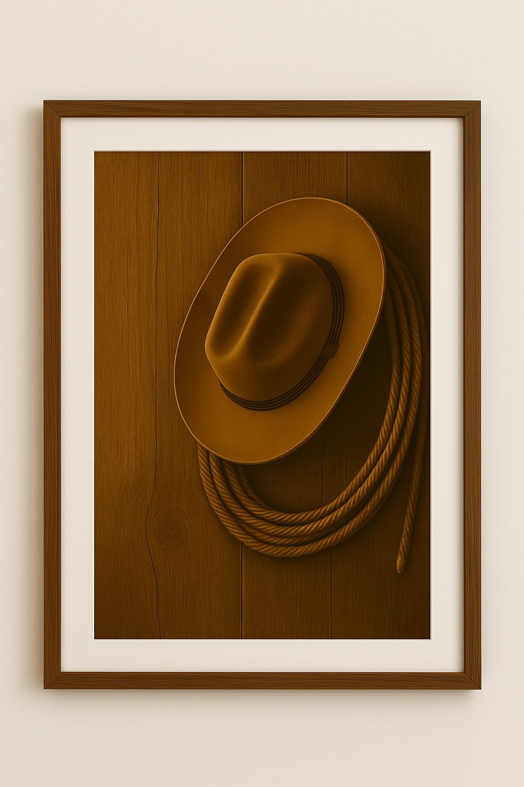 Western art print titled The Hat Hook – rustic wall decor by Frontier Prints, inspired by cowboy culture and desert landscapes.