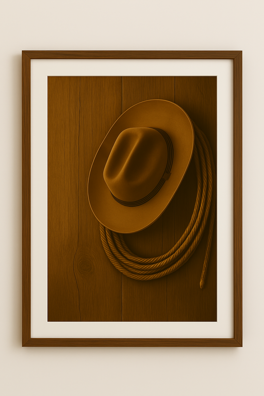 Western art print titled The Hat Hook – rustic wall decor by Frontier Prints, inspired by cowboy culture and desert landscapes.