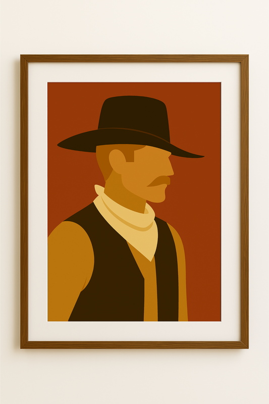 Western art print titled The Rider – rustic wall decor by Frontier Prints, inspired by cowboy culture and desert landscapes.