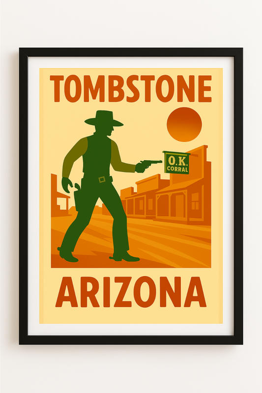 Western art print titled Tombstone - O.K. Corral – rustic wall decor by Frontier Prints, inspired by cowboy culture and desert landscapes.