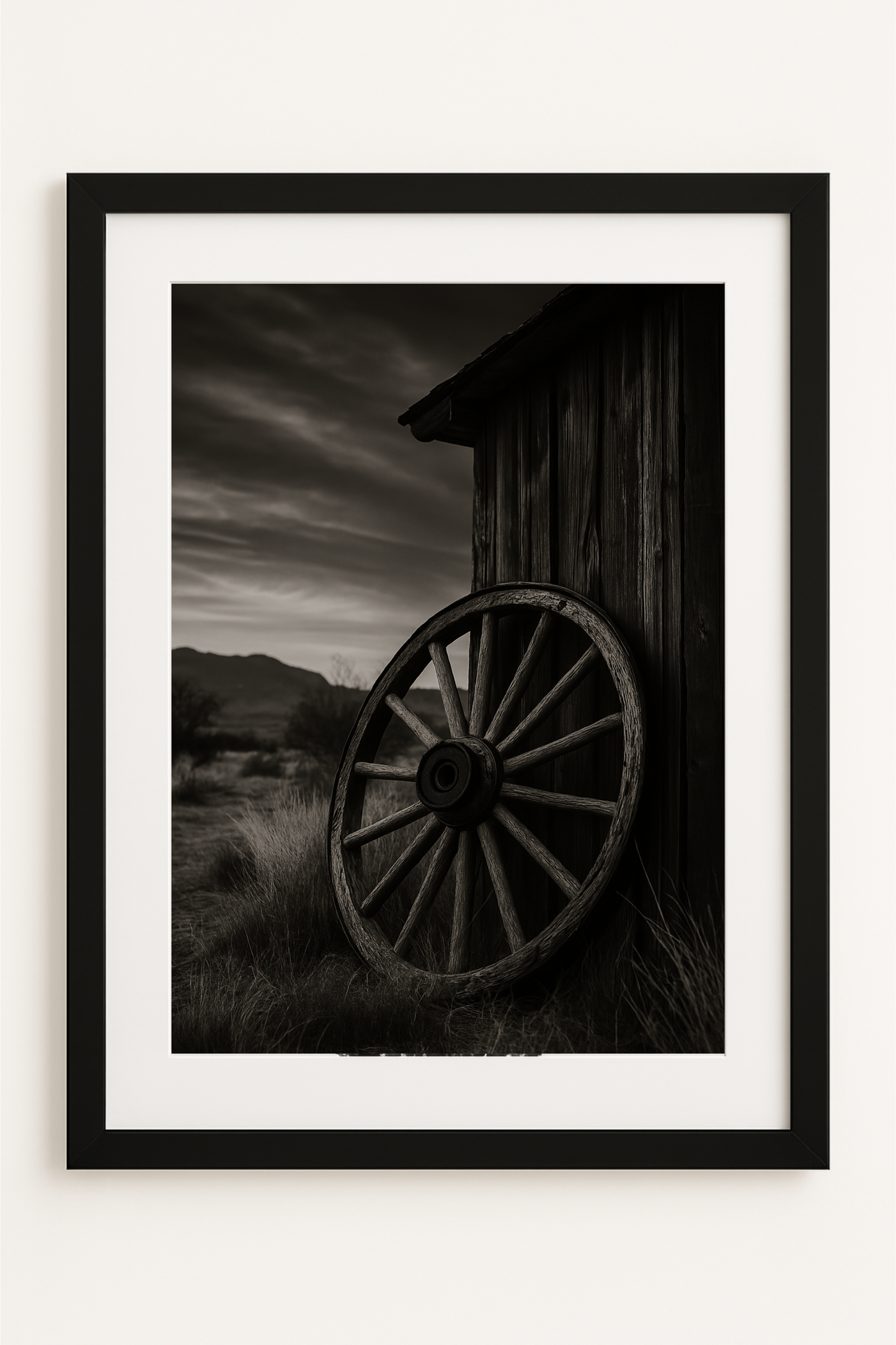 Western art print titled Wagon Wheel – rustic wall decor by Frontier Prints, inspired by cowboy culture and desert landscapes.