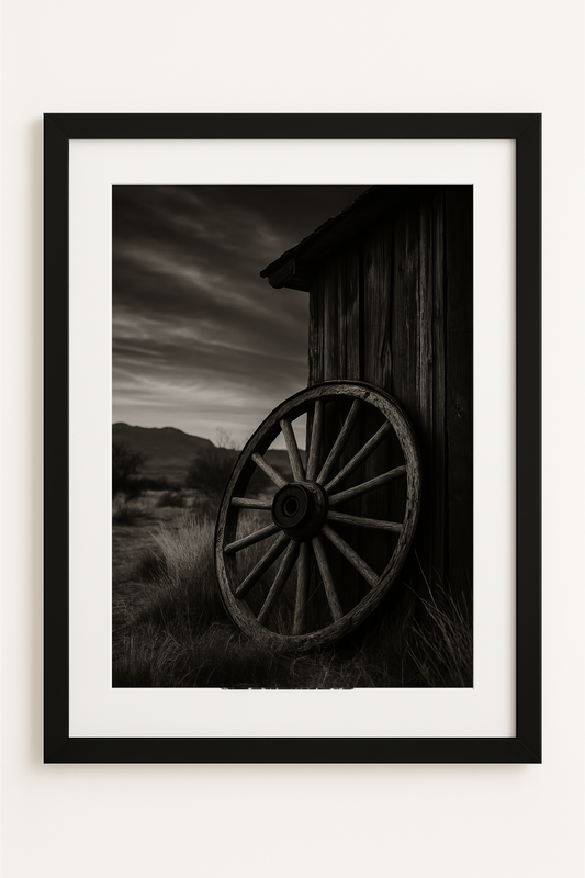 Western art print titled Wagon Wheel – rustic wall decor by Frontier Prints, inspired by cowboy culture and desert landscapes.