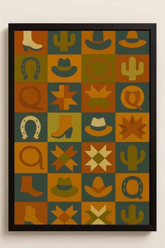 Western art print titled Western Quilt – rustic wall decor by Frontier Prints, inspired by cowboy culture and desert landscapes.