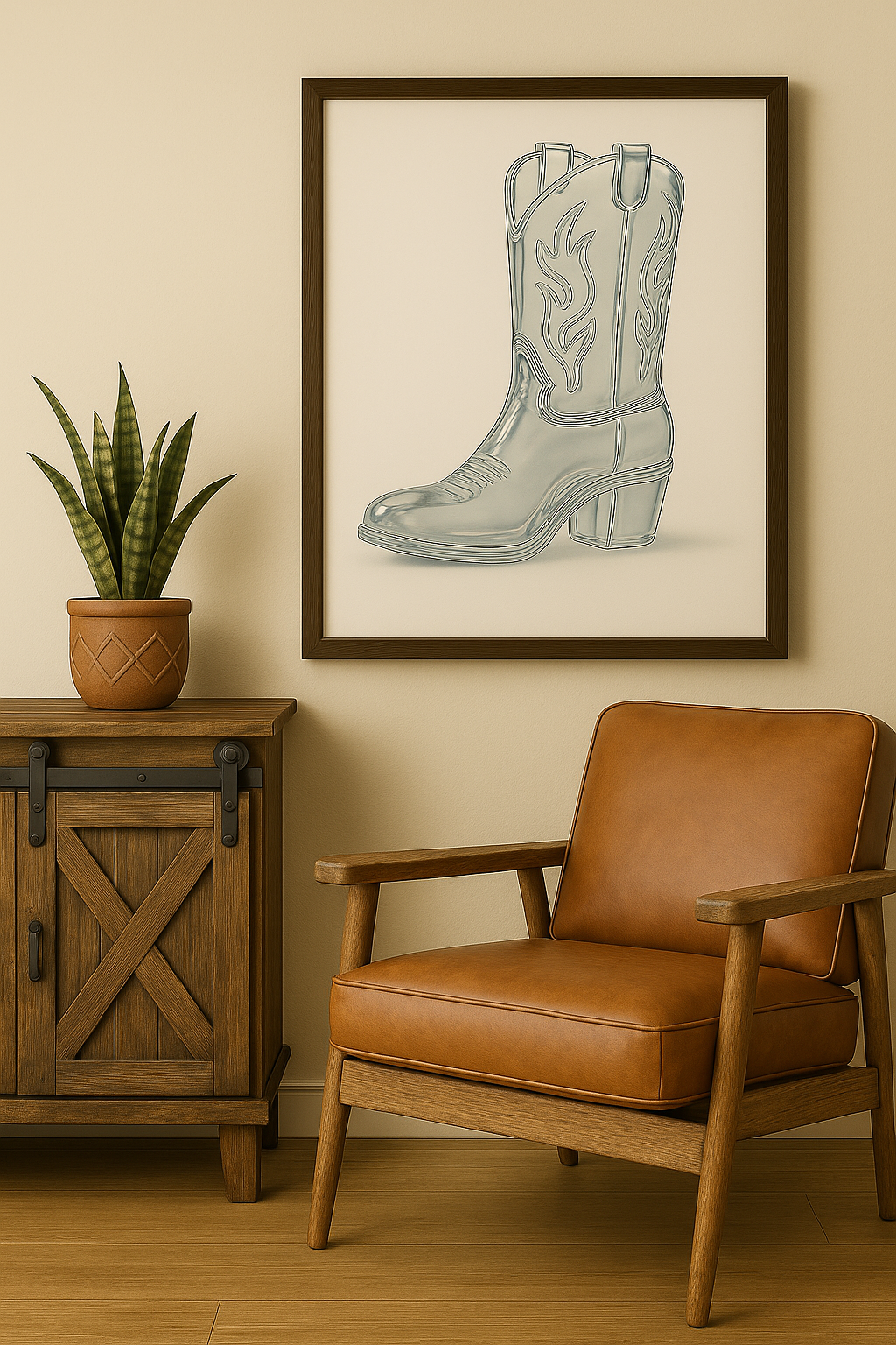 Framed artwork of a glass cowboy boot on a wall above a brown leather chair and wooden cabinet.
