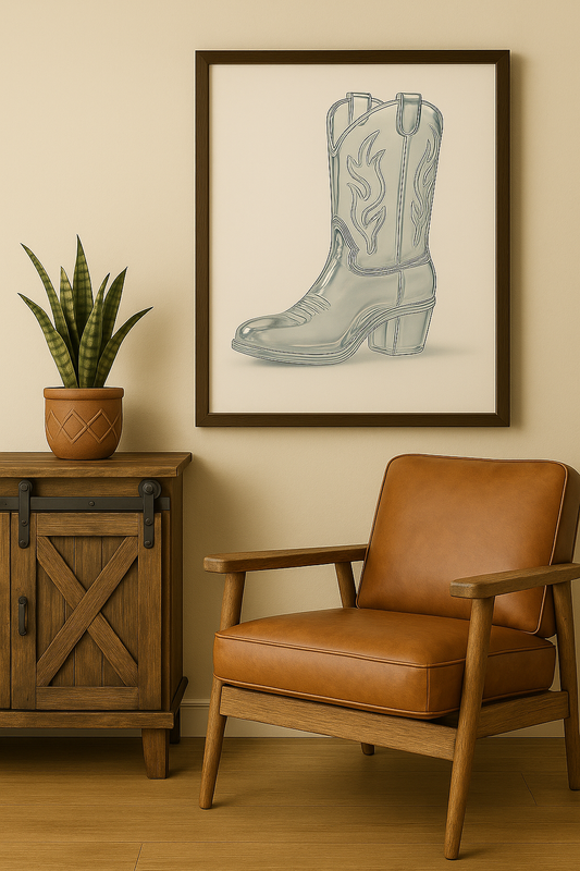 Framed artwork of a glass cowboy boot on a wall above a brown leather chair and wooden cabinet.