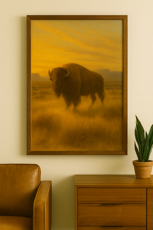 Framed artwork of a bison in a field with a warm color palette, placed above a wooden cabinet.