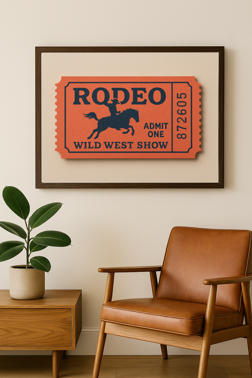 Western art print titled Admit One – rustic wall decor by Frontier Prints, inspired by cowboy culture and desert landscapes.