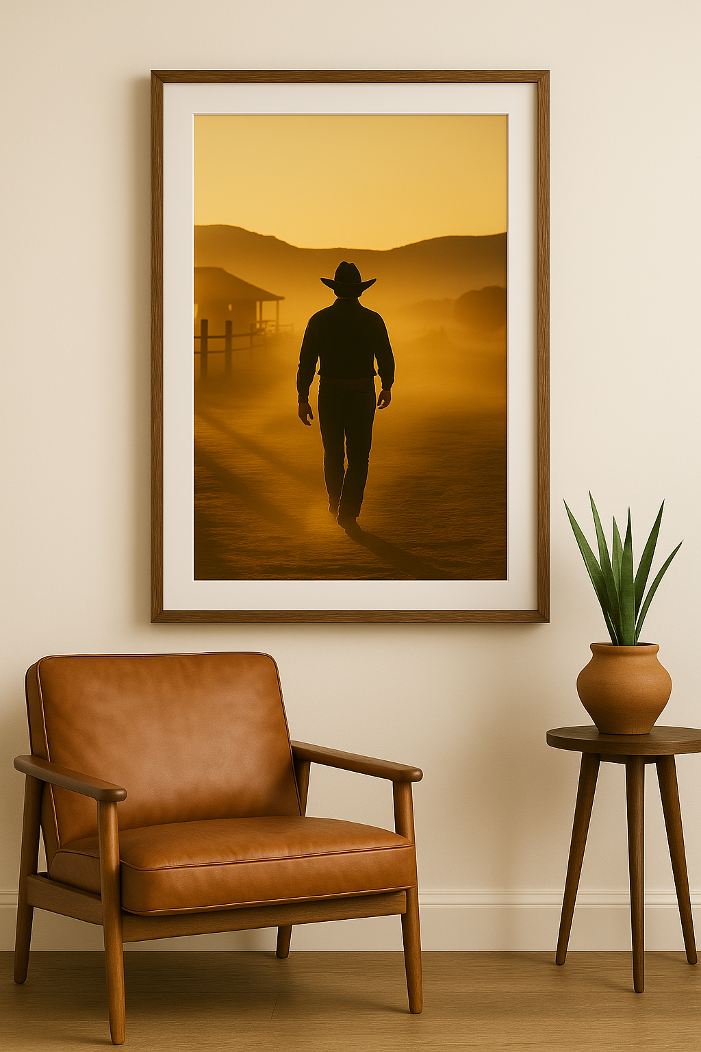 Western art print titled Back at Sundown – rustic wall decor by Frontier Prints, inspired by cowboy culture and desert landscapes.