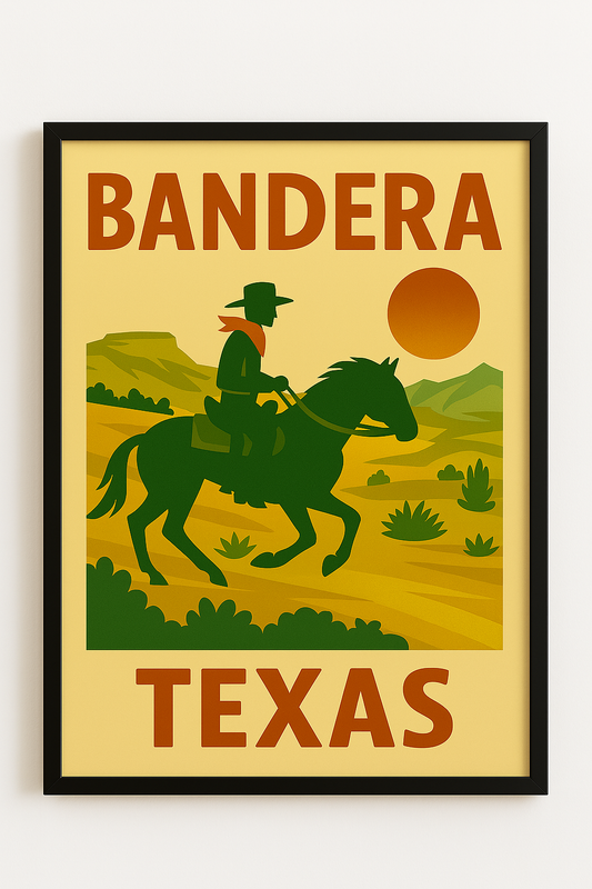 Western art print titled Bandera – rustic wall decor by Frontier Prints, inspired by cowboy culture and desert landscapes.