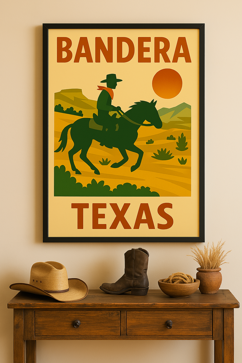Western art print titled Bandera – rustic wall decor by Frontier Prints, inspired by cowboy culture and desert landscapes.