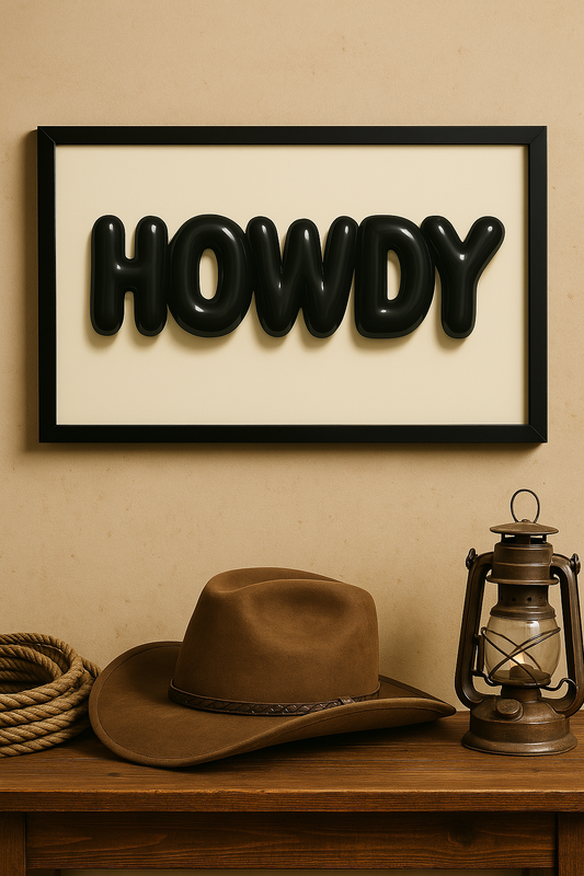 Western art print titled Bold HOWDY – rustic wall decor by Frontier Prints, inspired by cowboy culture and desert landscapes.