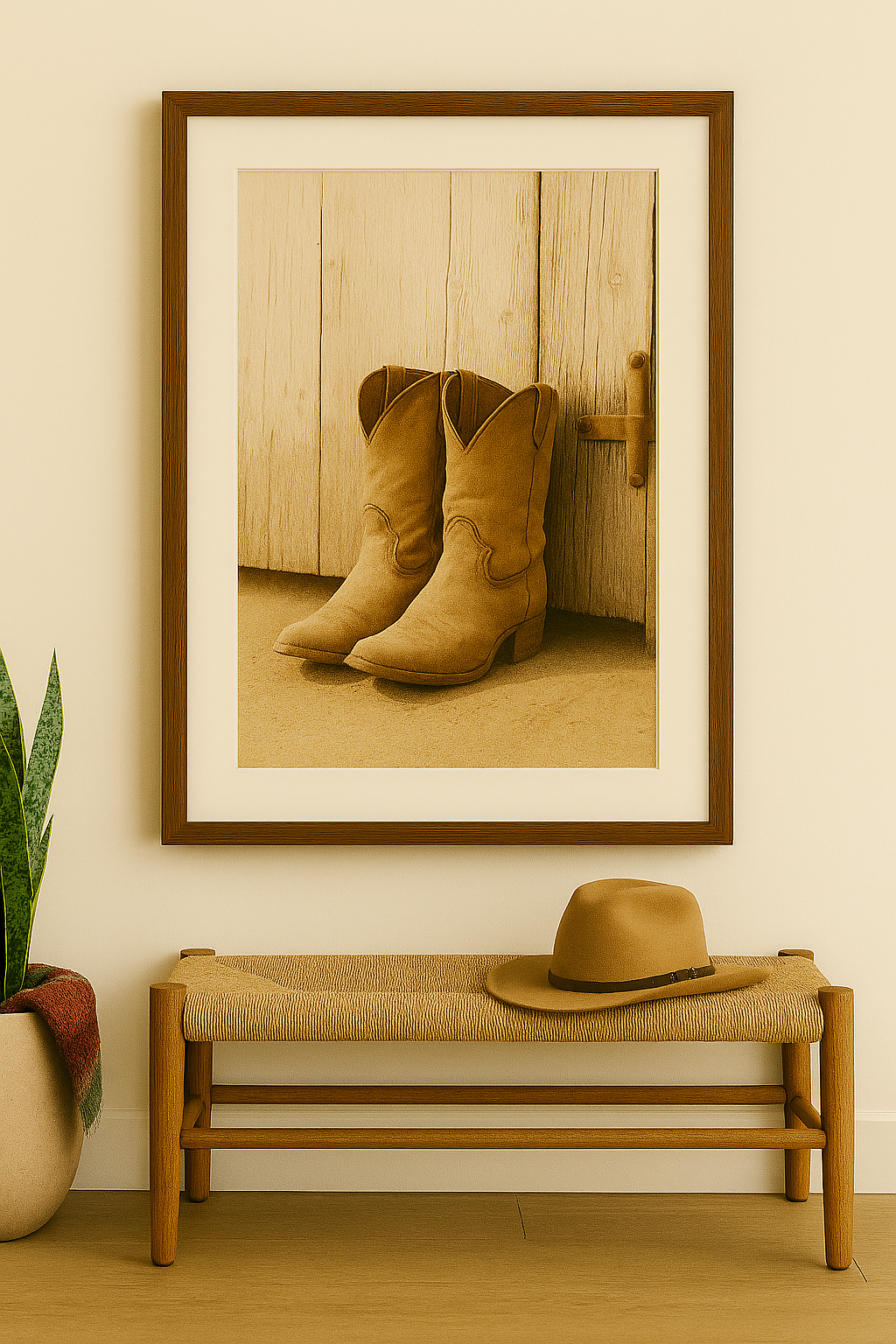 Framed photograph of cowboy boots on a wooden floor, with a hat on a bench below.